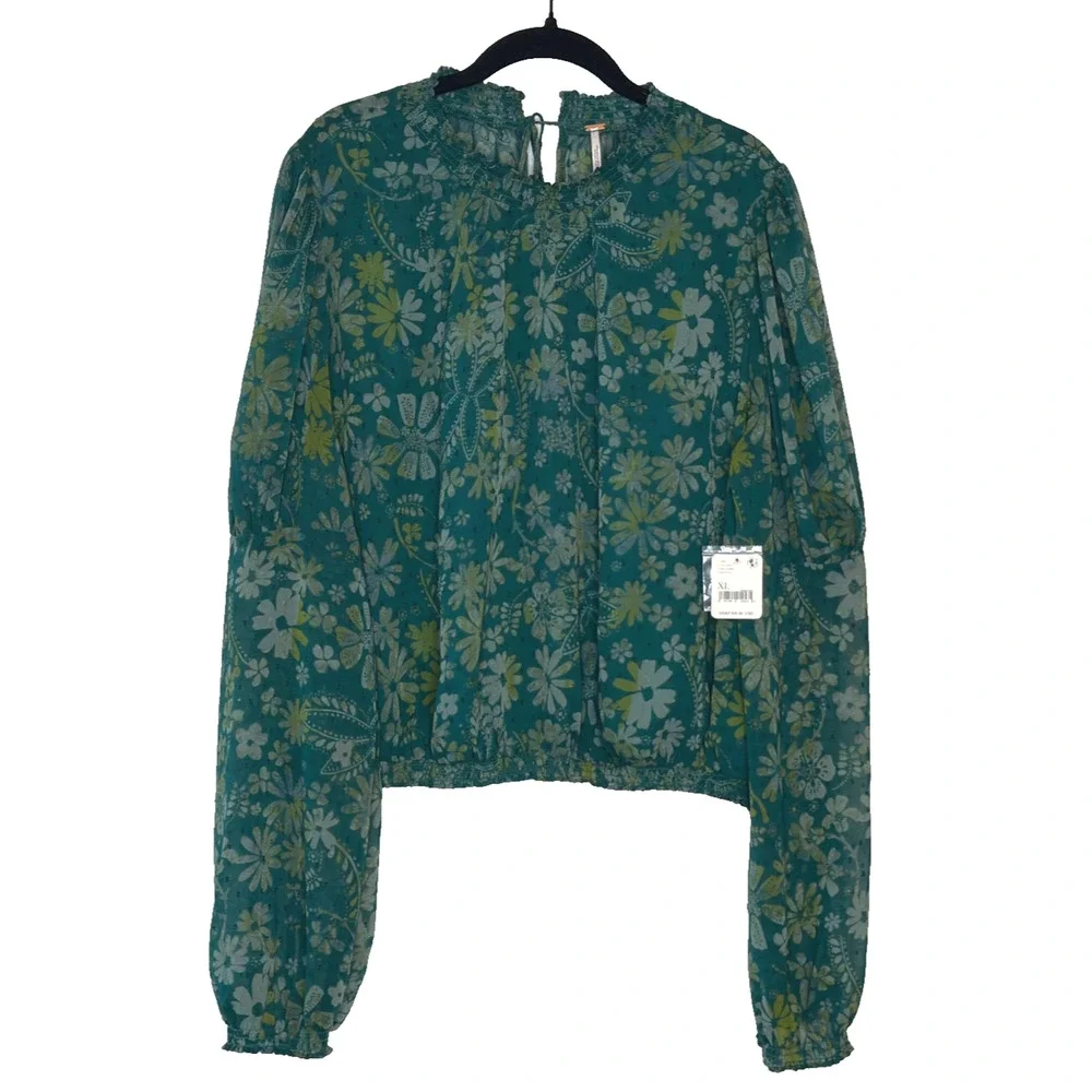 Free People Clarissa Blouse NWT Womens XL Green Sea Combo Floral Long Sleeve Top